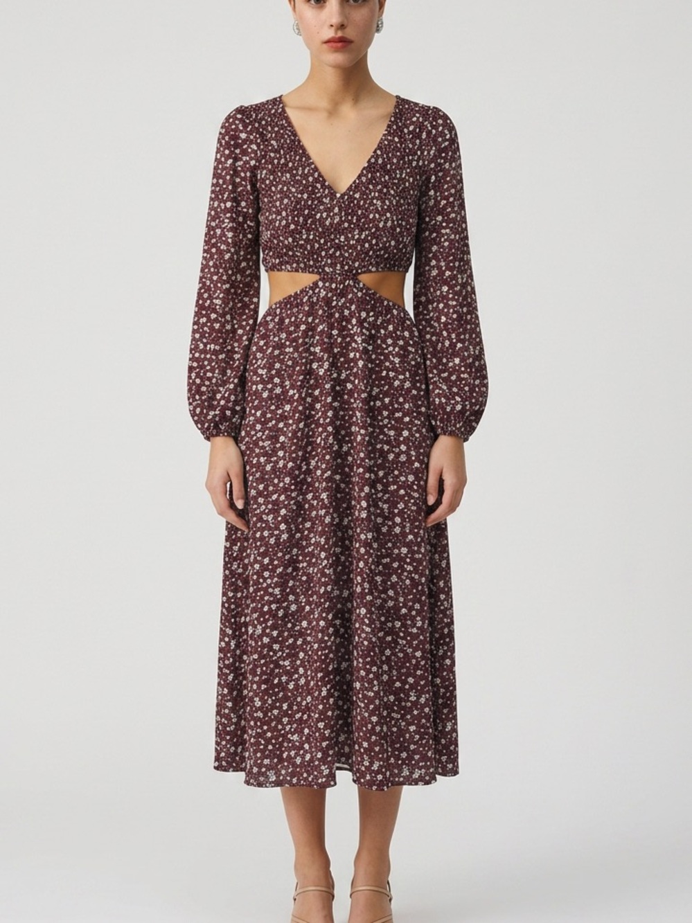 Harper & Me Burgundy Floral Midi Dress with Cutout Waist - US 6 / Aus 10